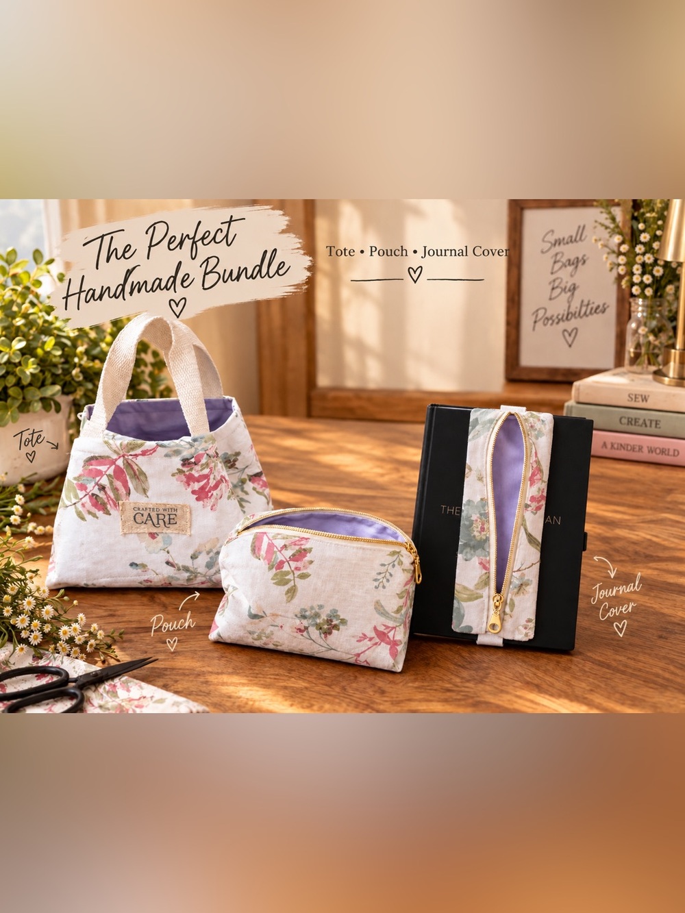 Floral Handmade Tote & Pouch Set - Lavender Accent Organic Cotton.
